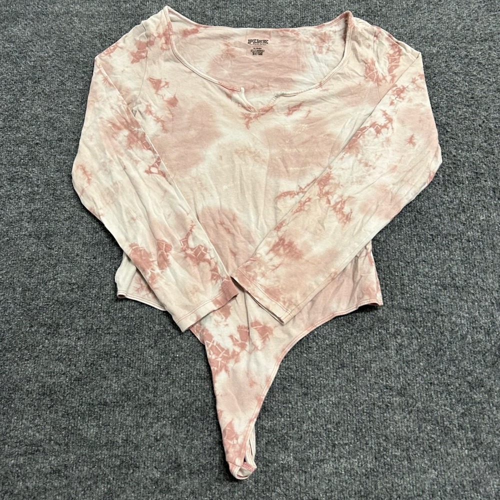 PINK Bodysuit Womens Size M Pink Tie Dye Long Sleeve Cotton Notch Neck Slim Fit